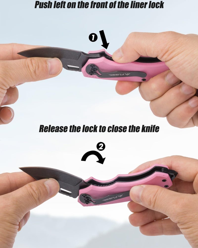 FLISSA Mini Folding Pocket Knife, 2.5-Inch Stainless Steel Drop Point Blade, EDC Pocket Knives for Women with Bottle Opener and Glass Breaker (Pink) - Image 4